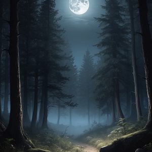 Full moon forest mist